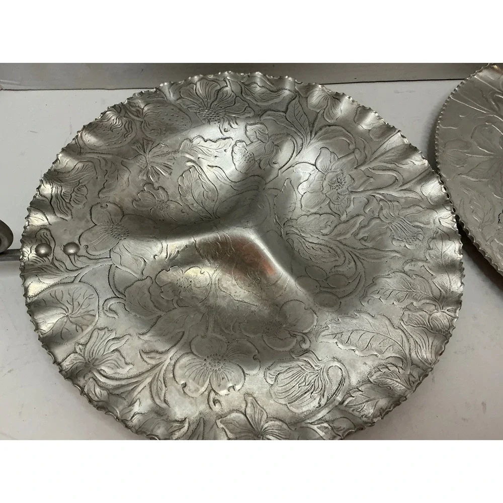 Vintage Aluminum Serving Set Floral Hammered Metal Trays Mid Century